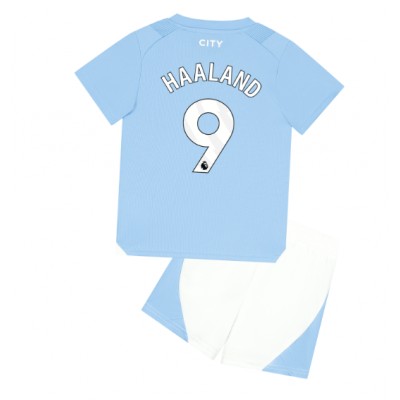 Fotballdrakt Barn Manchester City Erling Haaland #9 Hjemmedraktsett 2023-24 Kortermet (+ Korte bukser)